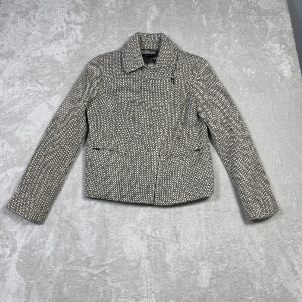 Talbots Petites 4P Gray Tweed Wool Blend Jacket‎ Career Moto Zip Front Metallic